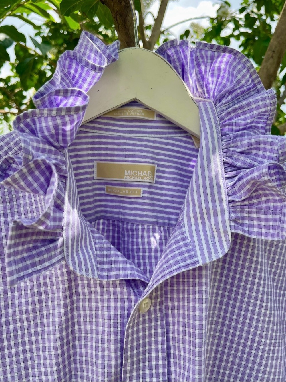 Michael Kors Reworked Upcycled Checked Ruffle Collar Shirt SIZE XL